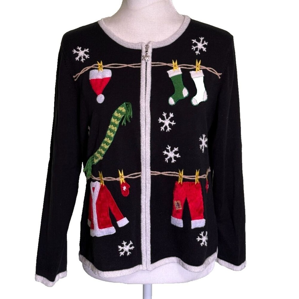 Mercer Street Studio Women's Petite Full‎ Zip Ugly Christmas Sweater Cardigan PL